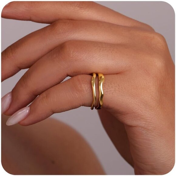 Jewelry - Stackable Gold Rings for Women Non Tarnish, Dainty 14K Gold Plated Chunky Stacki